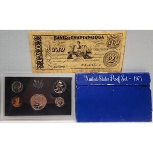 1971 U.S. Proof Set + 1863 Chattanooga $2 Confederate Repo Note • Historic Displ